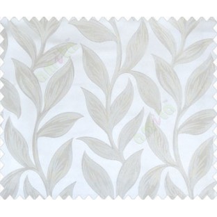 Big beige leaves on stem with embossed look on half white cream shiny fabric main curtain